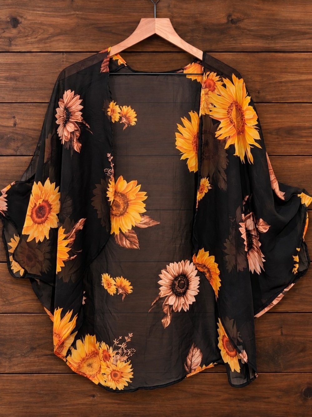 Black Sunflower Kimono Floral Fall Layering Top Boho